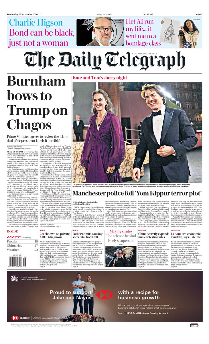 AndyGibsonTV's tweet photo. "BURNHAM BOWS TO TRUMP ON CHAGOS"
@Tony_Diver / @ConnorStringer for @Telegraph
Prime Minister Andy Burnham agreed to review Chagos Islands deal after President Donald Trump called it terrible at their first meeting in New York.
#DailyTelegraph
#TomorrowsPapersToday