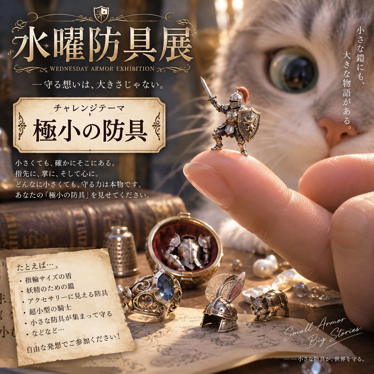 MaicoSE's tweet photo. おはようございます😊

本日の #水曜防具展 を開催いたします！！
※参加ルール詳細はALTへ👇

チャレンジテーマ
　極小の防具(任意)

固定ポストでは
#最高のデカとワルで埋め尽くしたい を
同時開催中です🎉

ぜひお気に入りの作品でご参加ください😁

「ボクは小さい。でもキミを守る！」 https://t.co/H5UBBzmhmt