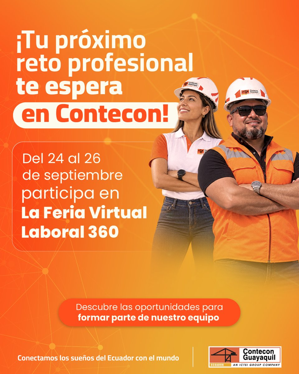 ConteconGYE's tweet photo. Del 24 al 26 de septiembre, Contecon estará presente en la Feria Virtual Laboral 360 con nuevas oportunidades en distintas áreas.
Revisa nuestras vacantes disponibles y postula a la posición que mejor se adapte a tu perfil. 🧡
#Contecon https://t.co/eFxNBabVUL