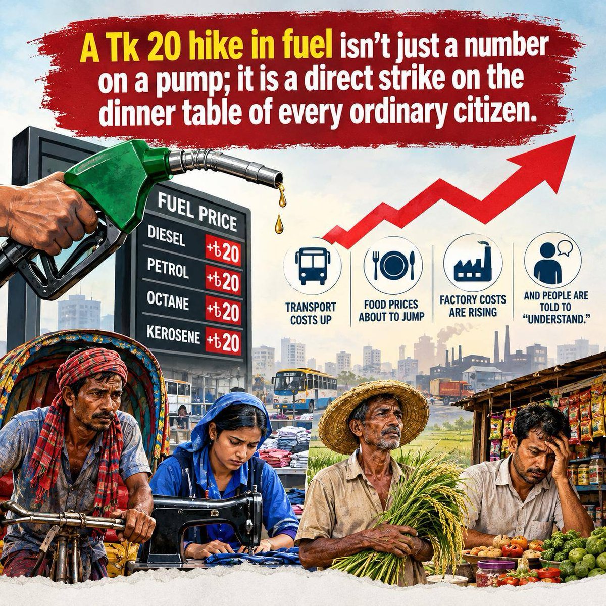 albd1971's tweet photo. A Tk 20 hike in fuel isn’t just a number on a pump; it is a direct strike on the dinner table of every ordinary citizen.

BNP government just slammed another Tk 20 hike on diesel, petrol, octane, and kerosene. Transport costs up. Food prices are about to jump. Factory costs are rising. And ordinary people are told to “understand.”

How exactly are rickshaw pullers, garment workers, farmers, and small shopkeepers supposed to keep their families alive when every litre of fuel now costs more and wages stay the same? This is not policy. This is economic strangulation of the poor by a government that has no answers.

#EconomicCrisis #CostOfLiving #FuelPriceHike #EverydayStruggles #GovernanceFailure #Bangladesh #BangladeshCrisis
