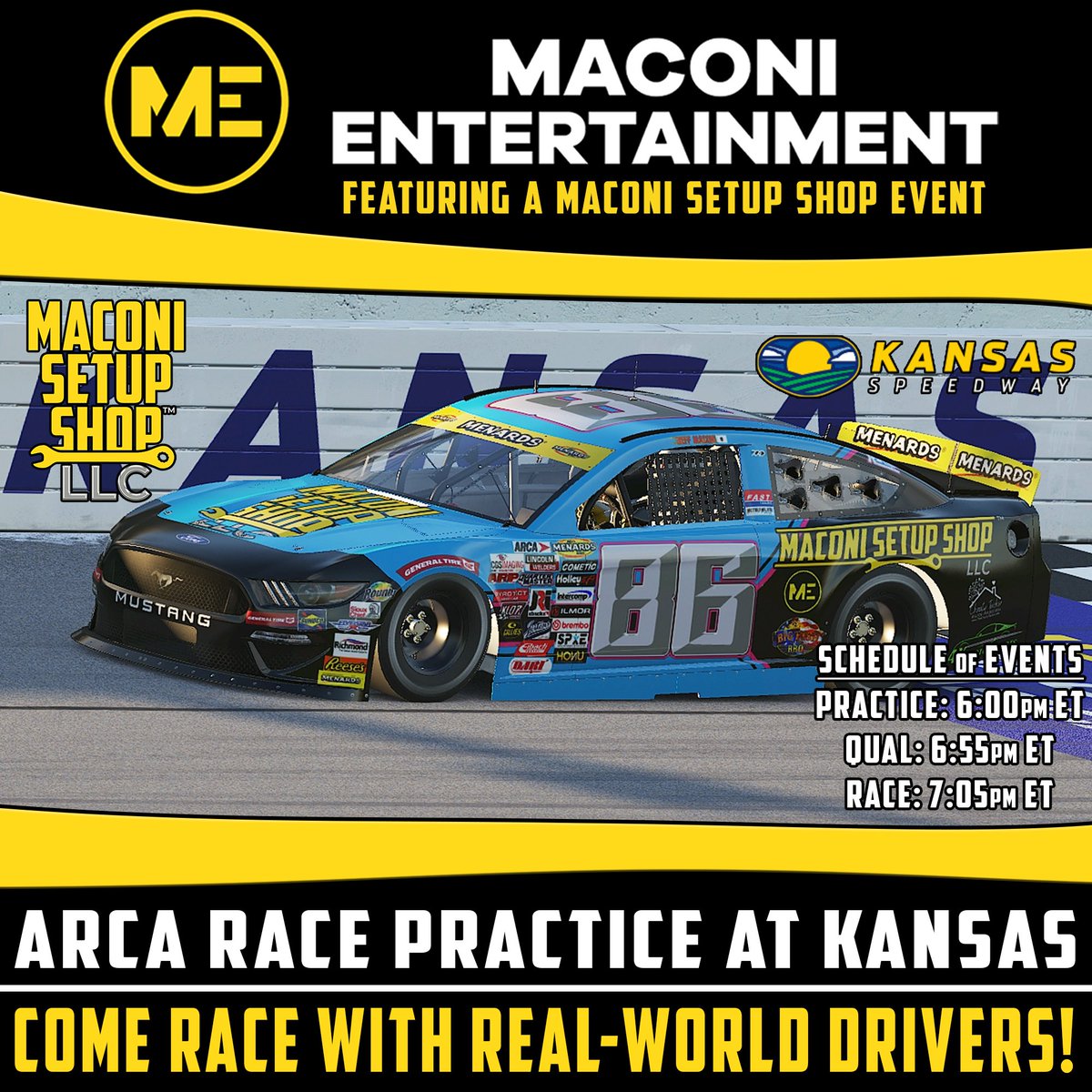 MaconiSetupShop's tweet photo. Friday is the ARCA Season Finale, and some of the drivers are running a practice race tonight before they head out west to Kansas! Join the Hosted Session NOW to get ready for the 7:05pm ET green flag! Broadcast will be carried by the Maconi Entertainment crew.

We'll see you on the track!