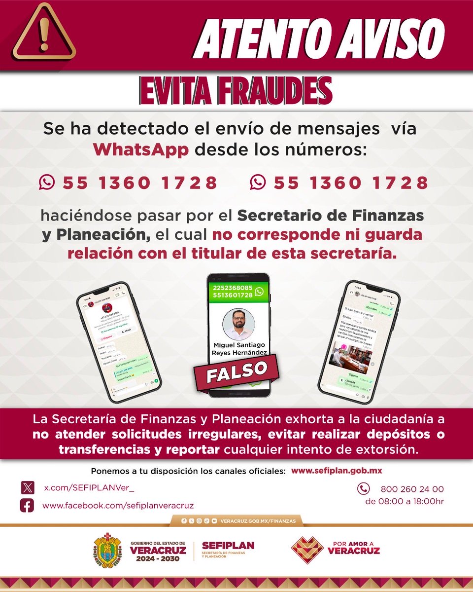 SEFIPLANVer_'s tweet photo. 🚨 AVISO IMPORTANTE

Informamos sobre un intento de suplantación de identidad mediante números de WhatsApp no oficiales.

⚠️ No respondas, compartas información, realices depósitos ni atiendas solicitudes. Verifica siempre por canales oficiales. https://t.co/S1uQ9Sn42g