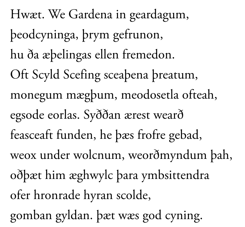MikeDrucker's tweet photo. I'll get off this point, but here's the difference between Old English (the opening of Beowulf) and modern English (the opening of Romeo &amp; Juliet). https://t.co/H0zgU7zoKw