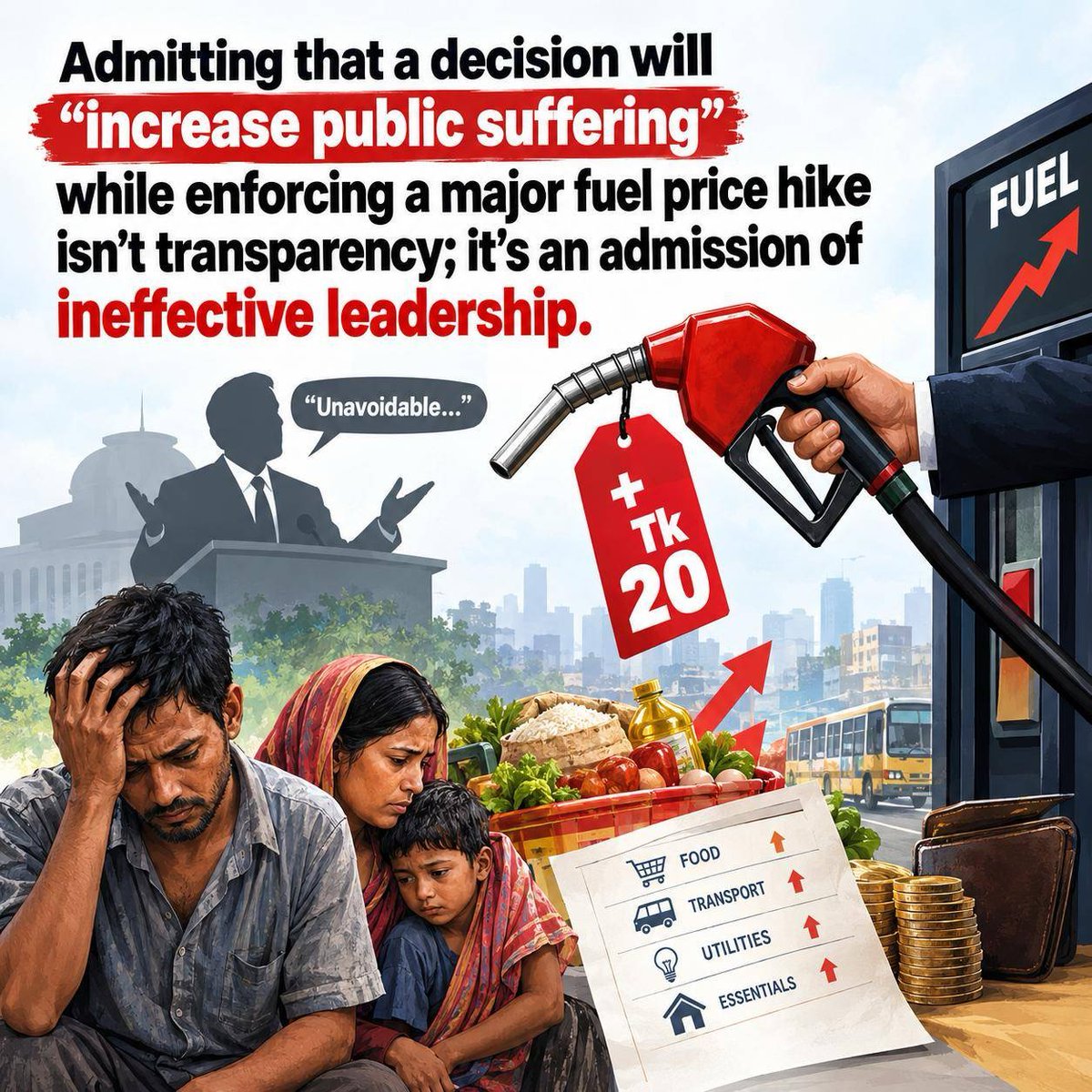 albd1971's tweet photo. Admitting that a decision will "increase public suffering" while enforcing a major fuel price hike isn't transparency; it's an admission of ineffective leadership.

When citizens are already battling rising costs across every sector, dumping a Tk 20 price increase on fuel demonstrates a complete disregard for public welfare. Dismissing the immediate hardship of ordinary people as merely "unavoidable" raises a crucial question: if a government cannot manage basic economic stability, how can it claim to effectively lead the nation?

Elections or not, an administration's primary mandate is to safeguard its people from financial collapse, not justify their growing misery. The public cannot live on excuses while the cost of simply surviving grows higher every single day.
#PublicWelfare #AccountabilityNow #EconomicCrisis #PeopleFirst #GovernanceWatch #Bangladesh #BangladeshCrisis