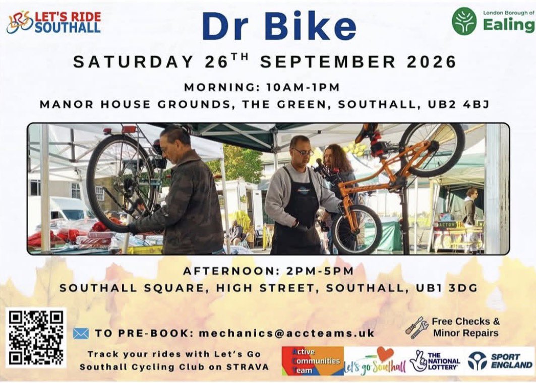 JM4NorwoodGreen's tweet photo. #NorwoodGreen #Southall residents - Pop along this weekend (26th September) & get your bike checked over & have minor adjustments/repairs carried out for FREE by the #DrBike team.
Venues: Southall Manor House 10-1pm & Southall Square 2-5pm https://t.co/qUsi112m7s