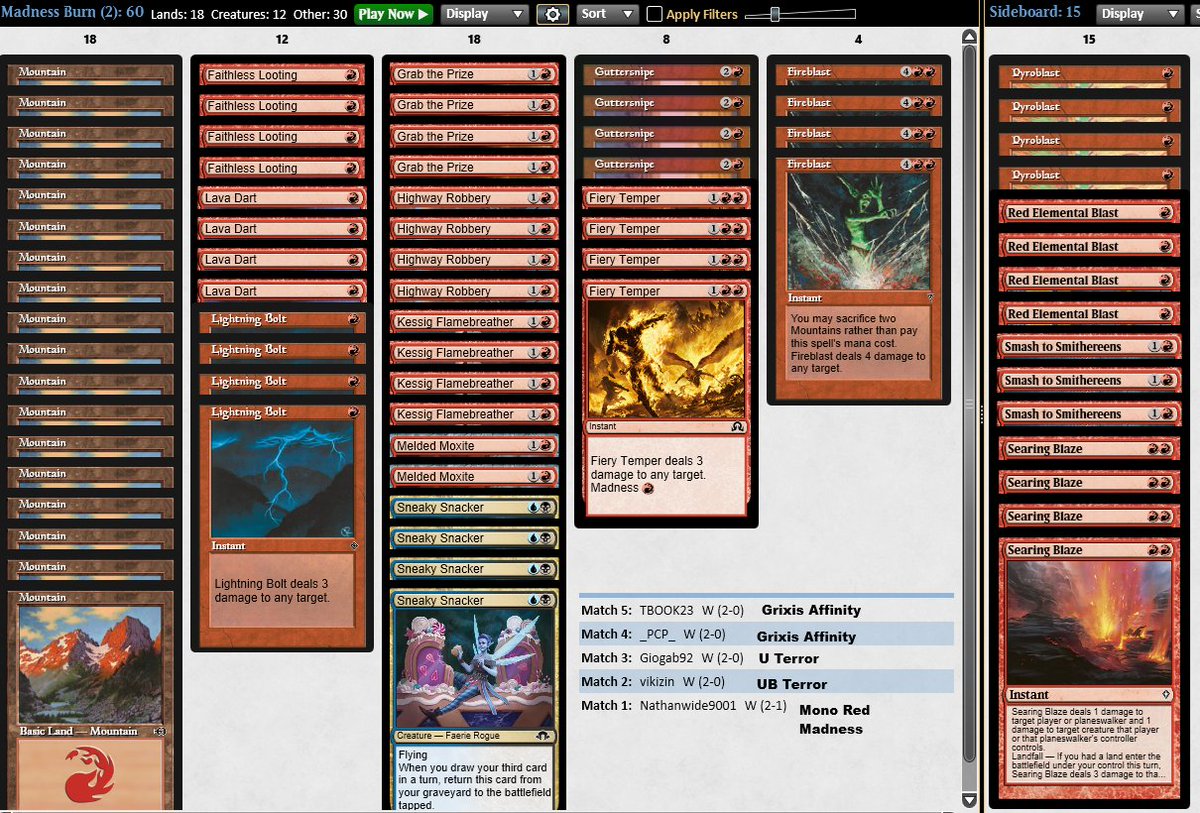 jakeAls's tweet photo. Quick 5-0 with Mono Red Madness! This league I focused on thinking of it as a combo deck, trying to focus damage on the opponent when possible and race. I will record the matches it was sweet! #mtgpauper https://t.co/wQGX4piXE4