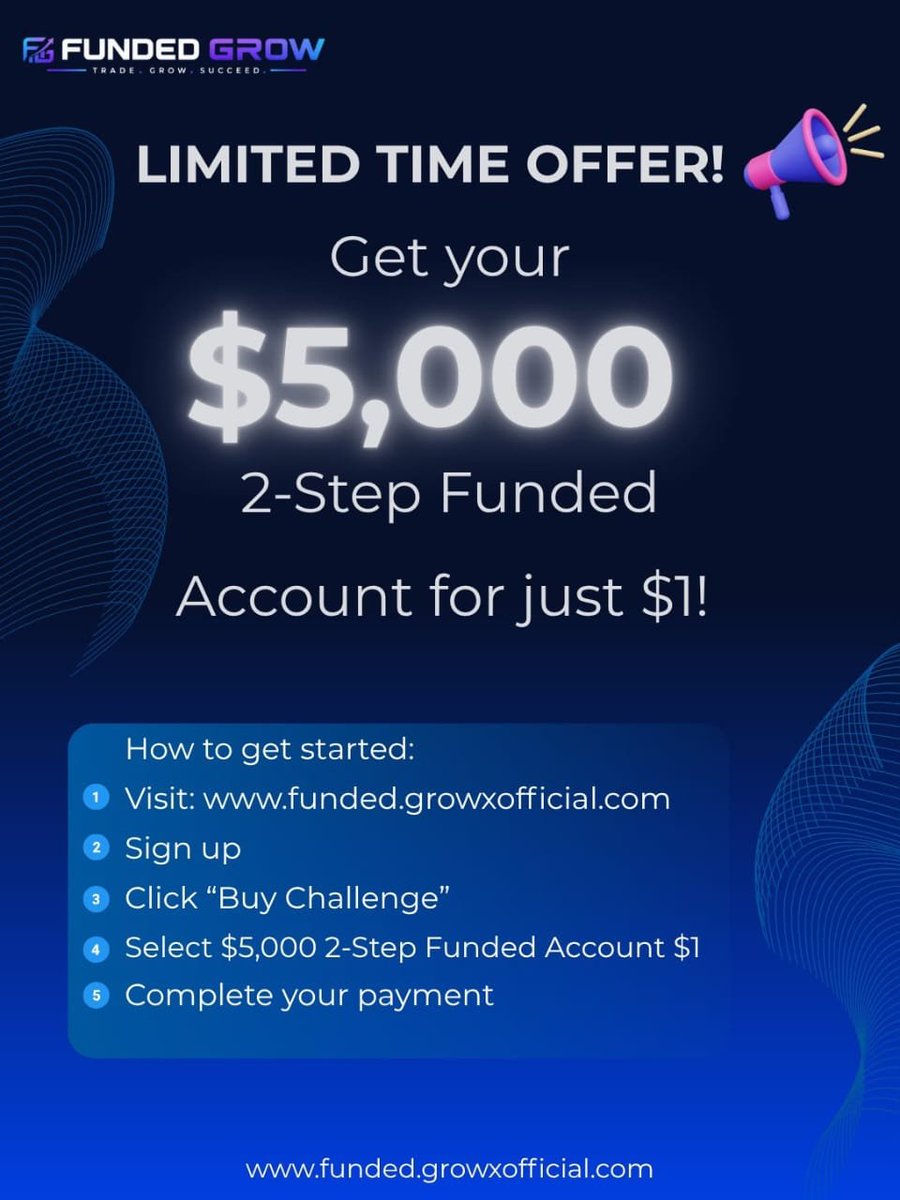 _0xMRJ's tweet photo. Limited Time Offer— $5000 2-Step FUNDING TRADING ACCOUNT for just $1

Follow these simple steps to receive your free funded trading account:
1️⃣ Visit https://t.co/a7F9JCkEUN
2️⃣ Sign Up for an account.
3️⃣ Go to Buy Challenge.
4️⃣ Select $5,000 2-Step Funded Account $1
5️⃣ Pay only $1 Fee

✅ That’s it! Your process is complete.
⚡ Instant withdrawal access
⏱️ Get paid within 24 hours — or receive an extra $500!
📈 Keep 80% of your profits
🤝 We take only 20%
Your skills deserve real rewards. get funded, and start withdrawing your profits with confidence!
Good luck, and congratulations to all Traders! 🎉