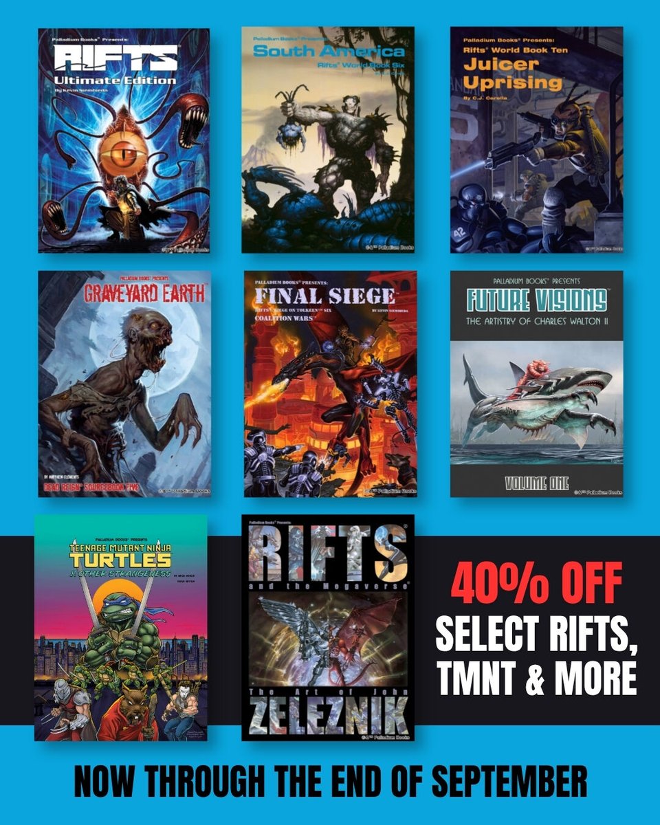 PalladiumBooks's tweet photo. Summer is almost over, but there’s still time to squeeze in one more big adventure – and some big savings!

The Palladium Books End of Summer Super-Sale continues through the end of September with 40% OFF select TMNT &amp; Other Strangeness, Rifts, and More!

https://t.co/Omw7Prb7Iv https://t.co/47bVBQ2niy