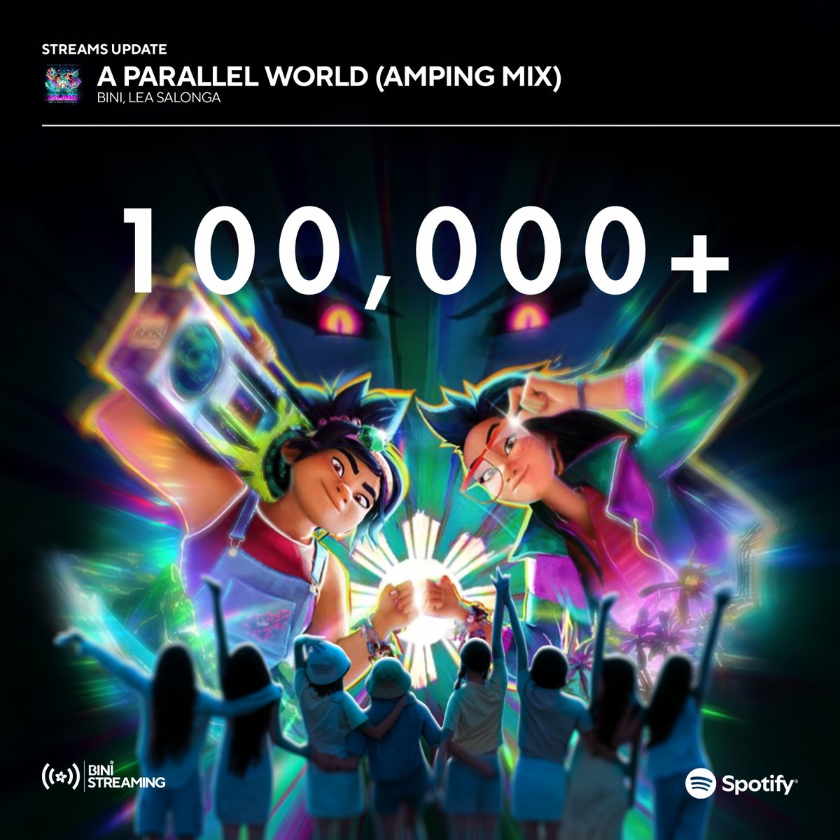 BINI_StreamTeam's tweet photo. Just in time for the release of #ForgottenIslandMovie today on PH Cinemas nationwide, BINI & Lea Salonga’s 'A Parallel World (Amping Mix)' has officially surpassed 100 THOUSAND streams on Spotify! ✨🎶

Continue streaming the song, Blooms! 
🔗 https://t.co/himwGZHZIO

FORGOTTEN ISLAND NOW SHOWING  

#BINIxForgottenIsland #BINI_AParallelWorld 
#BINIxLeaSalonga #BINIxLeaSalonga_AParallelWorldAmpingMix