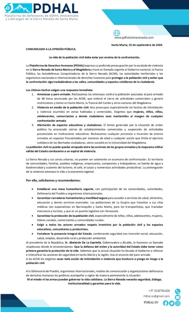 PdhalSN's tweet photo. Comunicado Pdhal sobre la situación de inseguridad en la Sierra Nevada. https://t.co/s3EAaYHeuW