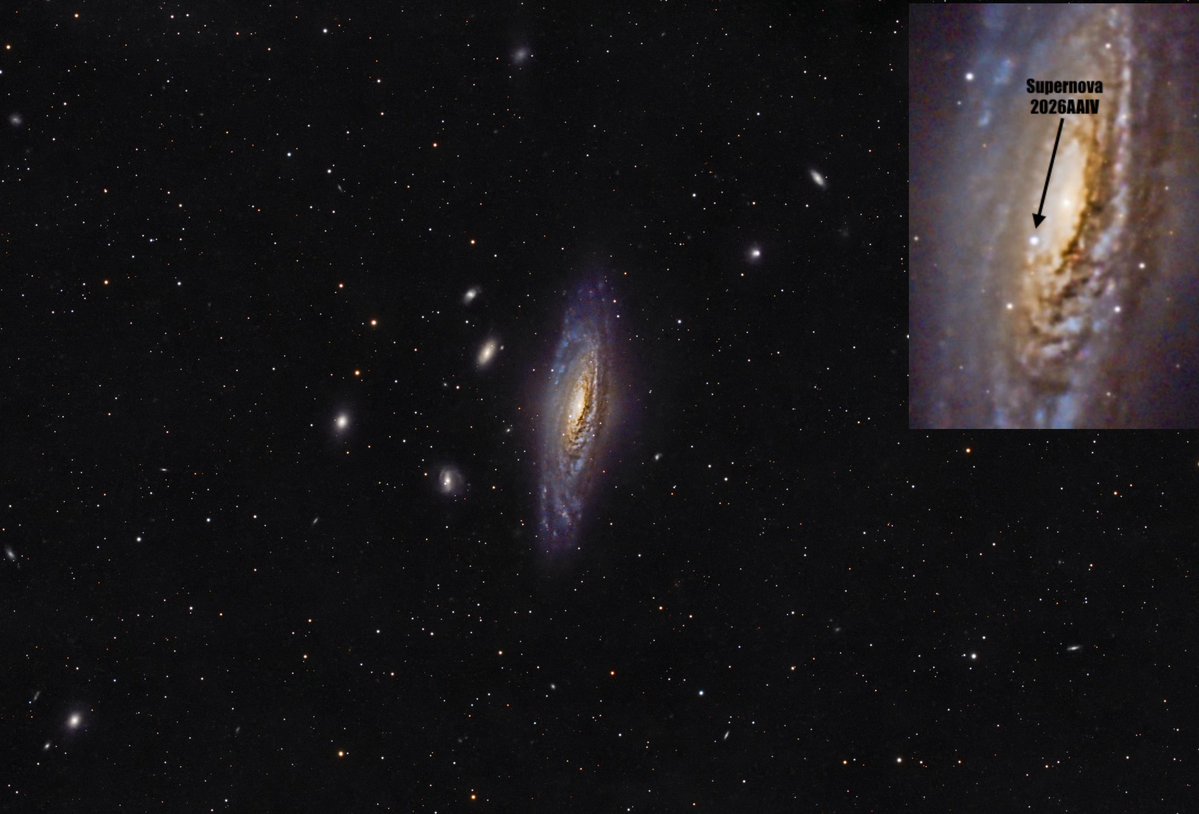 AlfonsoJoseMer1's tweet photo. No podía fallar a mi cita Con la Supernova 2026aaiv en la galaxia NGC 7331. 
En la constelación de Pegaso. 
La explosión se produjo hace 45
millones de años y su luz nos llega ahora. 
Es la 2ª supernova en esta galaxia en solo 2 años! @PlanetarioMad #cielosESA https://t.co/vpoj4mG5kP