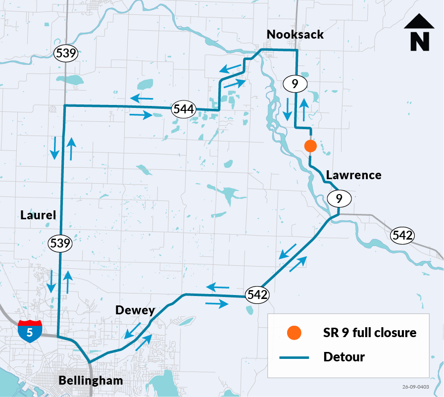 Full closure of State Route 9 is shown with an orange dot south of Nooksack. The detour route is highlighted in blue with arrows in both directions using State Route 9, State Route 542, Interstate 5, State Route 539 and State Route 544.