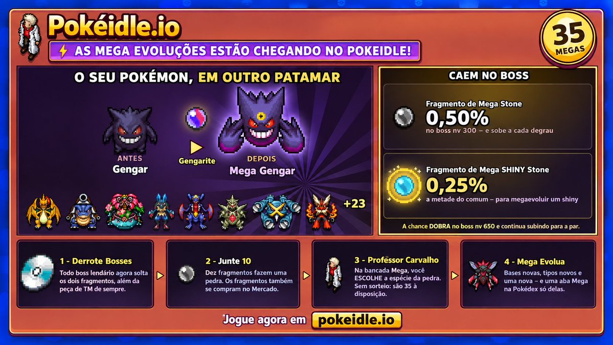pokeidleio's tweet photo. ⚡ AS MEGA EVOLUÇÕES JÁ CHEGARAM NO POKEIDLE! ⚡

É hora de levar seus Pokémon a um novo patamar de poder! 🔥

💥 35 Mega Evoluções disponíveis!
💎 Novas recompensas ao enfrentar os Bosses
🪨 Fragmentos de Mega Stone e Mega SHINY Stone
✨ Novas possibilidades para evoluir seus Pokémon!
Seu Pokémon. Sua estratégia. Sua Mega Evolução.
🚀 Já disponível no https://t.co/Ue7KL9rDrF!