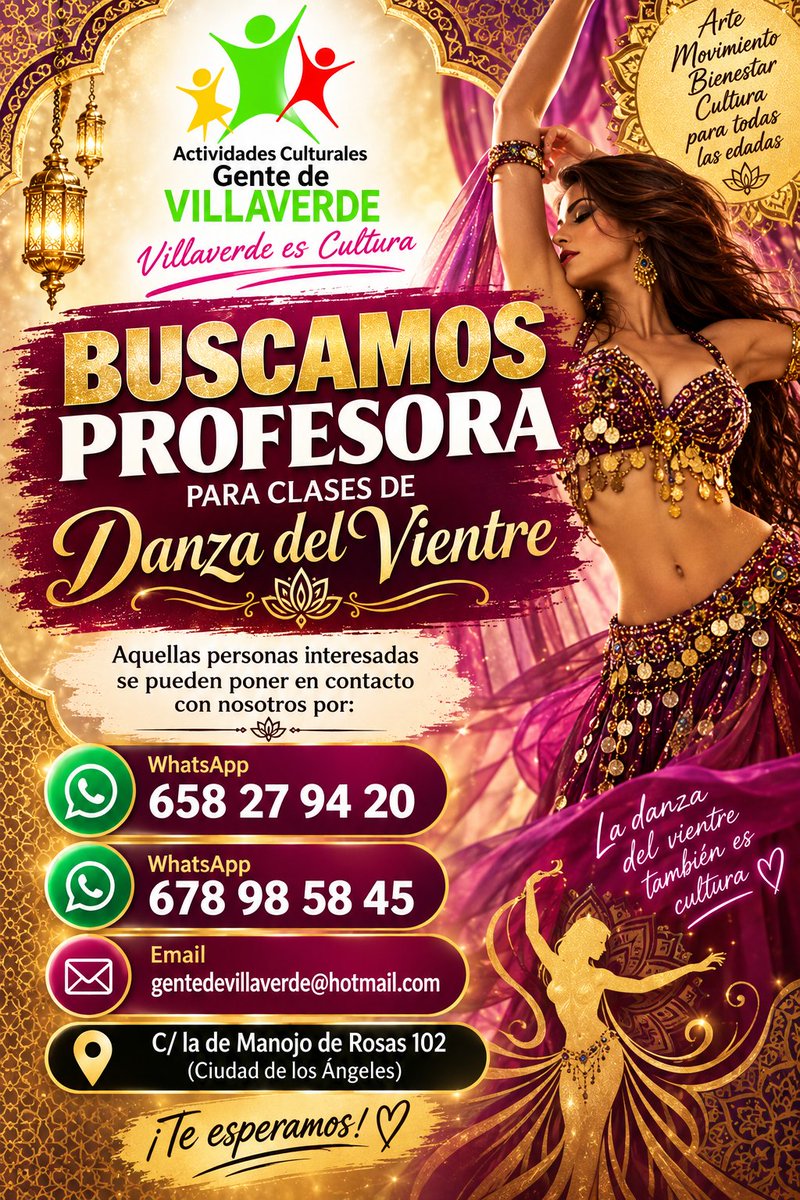 GenteVillaverde's tweet photo. 💃 ¡BUSCAMOS PROFESORA DE DANZA DEL VIENTRE! 💃

Desde Actividades Culturales Gente de Villaverde buscamos profesora para impartir clases de danza del vientre en nuestro espacio cultural.

Más información 👇 

#ᴘᴀʀᴀᴛɪ #fyp #danzadelvientre #Cultura #VillaverdeEsCultura https://t.co/EUFaiSLnAp