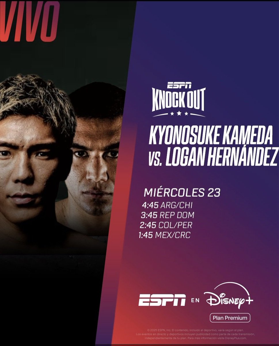 EduardoOhata's tweet photo. Logo mais, café da manhã com boxe NESTA QUARTA (23), às 4h45, na ESPN2 &amp; @DisneyPlusBR ; duelo entre ranqueados entre o #6 Sebastian "Logan" Hernandez, que fez luta duríssima com Junto Nakatani, e o #7 Kyonosuke Kameda, e +; estou nessa com @hugobotelho67 
#ESPNKnockOut https://t.co/glNYEL4dIZ