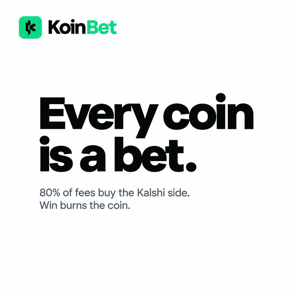 KoinBetApp's tweet photo. Every memecoin is a bet with no scoreboard. 

You launch on a vibe. Fees go to the deployer. The question never resolves. The coin just sits there..

Koinbet pairs the coin with a Kalshi market. 80% of creator fees buy your side. If it hits, the winnings buy back and burn the coin.

The other 20% burns $KOINBET.