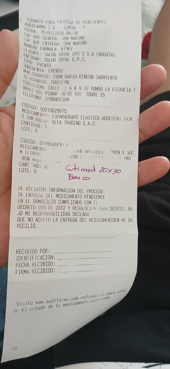 irincon77's tweet photo. @EPSSaludTotal @Supersalud Necesito ayuda pues @Audifarma_SA NO me entrega medicamentos pendientes hace 2 meses, no me dan apositos SuperAbsorbentes 20x30cm y la ulcera grande esta con biofilm y mucho dolor.
Llame a la linea de pendientes, dijeron q me ayudaban y no han enviado ni 1 apósito https://t.co/ikVSLOpwZp