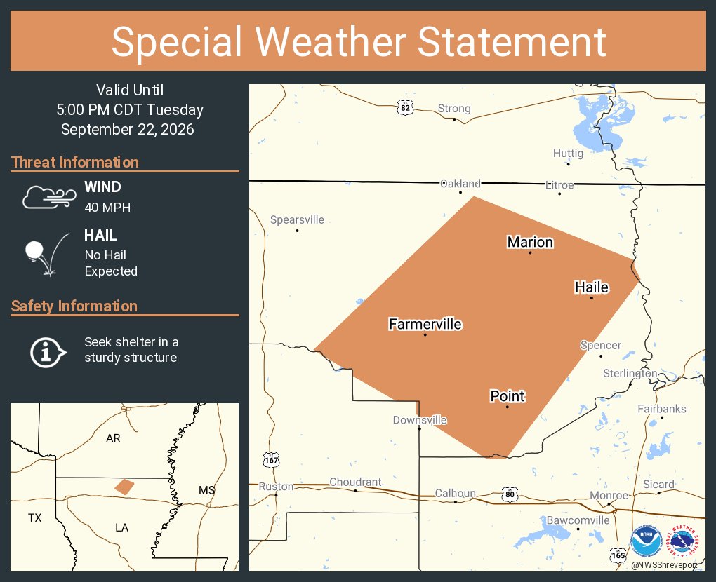 This graphic displays a special weather statement plotted on a map. The statement is in effect until 5:00 PM CDT. The statement includes Farmerville LA, Marion LA and Point LA. AN AREA OF STRONG THUNDERSTORMS WILL IMPACT CENTRAL UNION PARISH UNTIL 5 PM CDT. The threats associated with this storm are wind gusts up to 40 MPH and no hail is expected. Seek shelter in a sturdy structure until the storm passes.