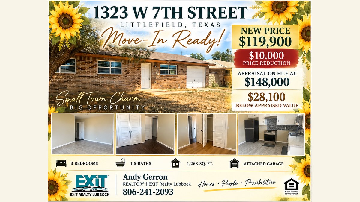 AndyGerron's tweet photo. Littlefield, TX - updated - $148k appraisal and reduced to $119,900 - this is not a bank owned or short sale - he just really wants this one sold. Priced $28,100 below the recent appraisal. #Littlefield #Investment #1stTimeBuyer https://t.co/cYnEnch68j