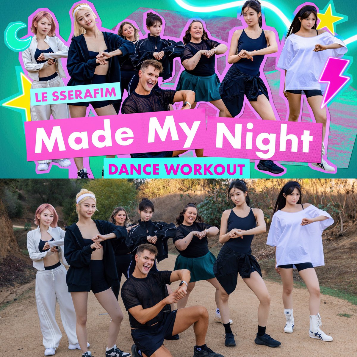 FIMBASE's tweet photo. LE SSERAFIM is joining Caleb Marshall from Booty Army for a special dance workout to “Made My Night”! 💫

— It will be released today for all Booty Army App Members and on September 24 on Youtube! 

#MadeMyNight
#LE_SSERAFIM #르세라핌 https://t.co/CN7qQHJdL8