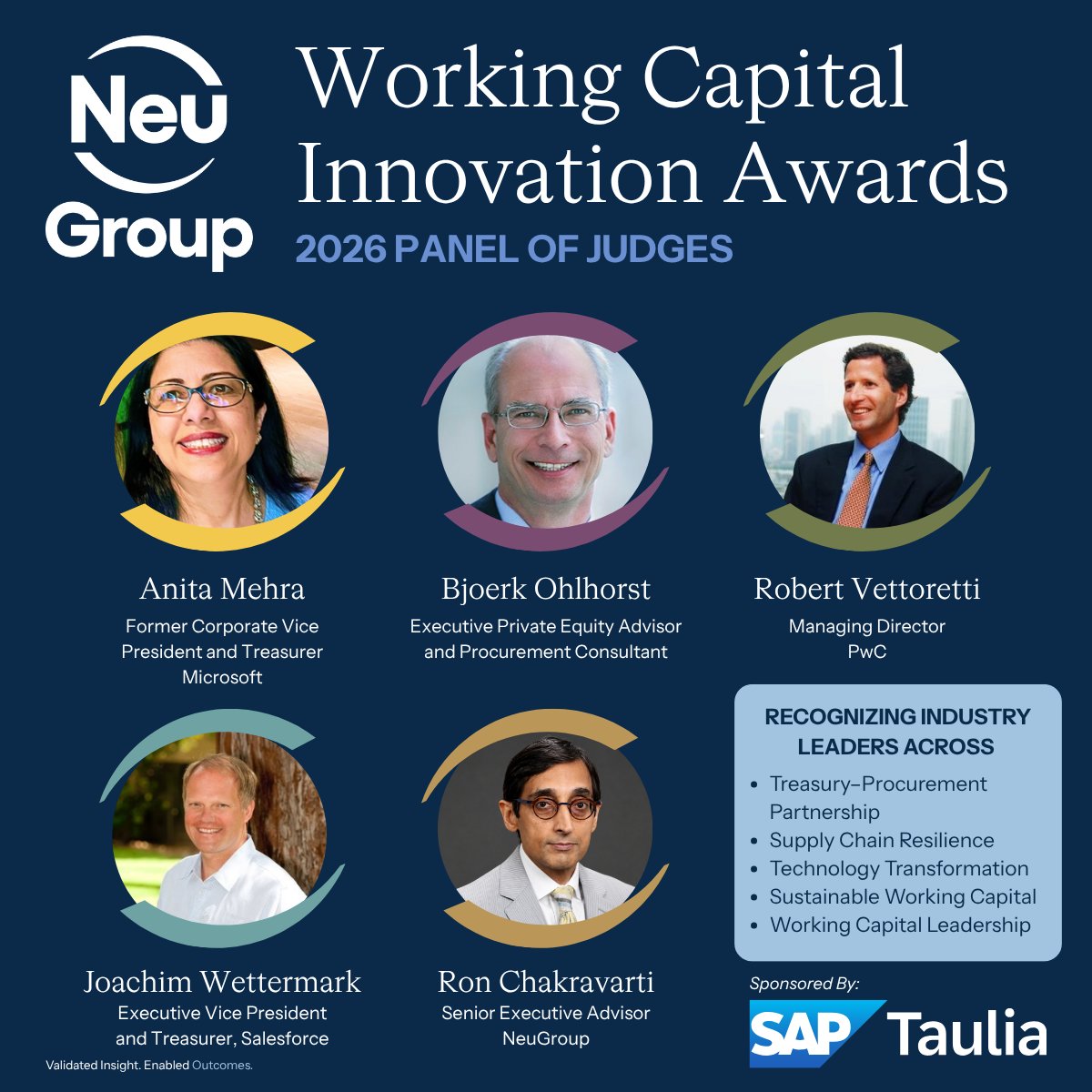 NeuGroup's tweet photo. Meet the judges for NeuGroup’s inaugural Working Capital Innovation Awards: Anita Mehra, Bjoerk Ohlhorst, Robert Vettoretti, Joachim Wettermark and Ron Chakravarti. We’re proud to have their expertise helping recognize leaders driving measurable progress. #WCM #WorkingCapital https://t.co/933YVaCMz3
