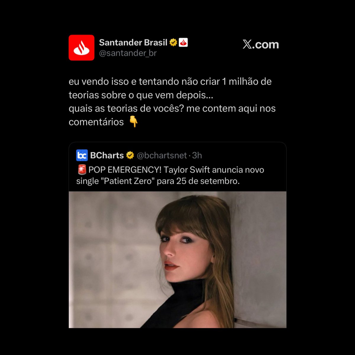beepopofc's tweet photo. TAYCABANA? Santander faz post sobre novo single de Taylor Swift. O banco é o patrocinador oficial do “Todo Mundo no Rio”. https://t.co/i9p1bZIpmC