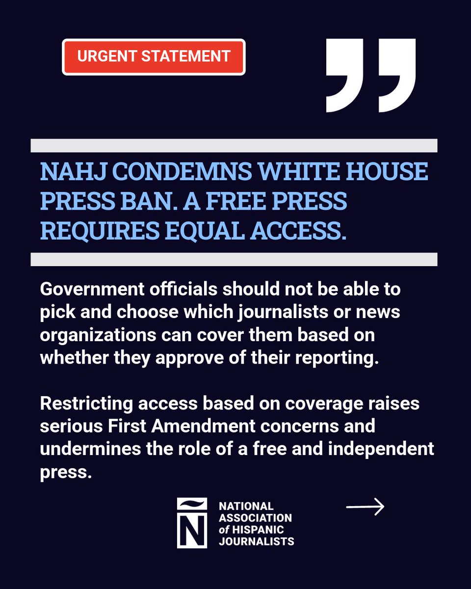 NAHJ's tweet photo. The National Association of Hispanic Journalists stands with journalists from CNN, MS NOW and Politico following the decision to deny them access to the White House.

NAHJ urges the administration to reverse course and uphold a free and independent press. https://t.co/TPwWLNzMym