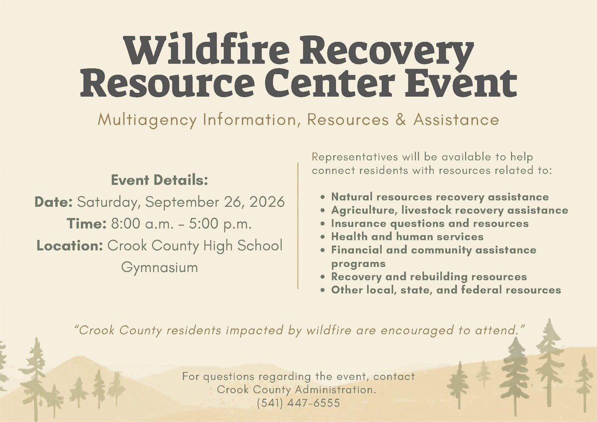 ORDeptForestry's tweet photo. Join us at the Wildfire Recovery Resource Center from 8 a.m.-5 p.m. Saturday at the Crook County High School gymnasium. Local, state and federal agencies will be on hand to provide information, resources and assistance to support residents affected by this summer's wildfires. https://t.co/ix7D3cXkBQ