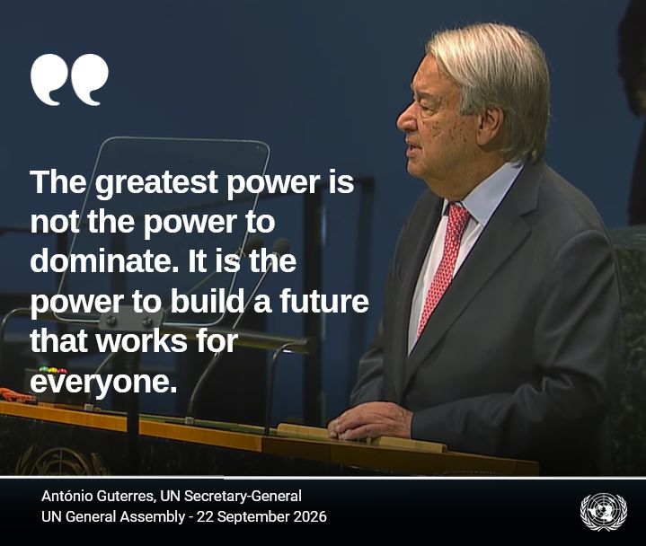 UNGeneva's tweet photo. Humanity faces four defining “tests of power” – around war or peace, inequality, climate change &amp; AI – that will determine whether the world moves towards a new era of cooperation or deeper division, the UN Chief @antonioguterres warned the #UNGA today.

https://t.co/DHHmPxT2q3 https://t.co/iXqrRIIVJq