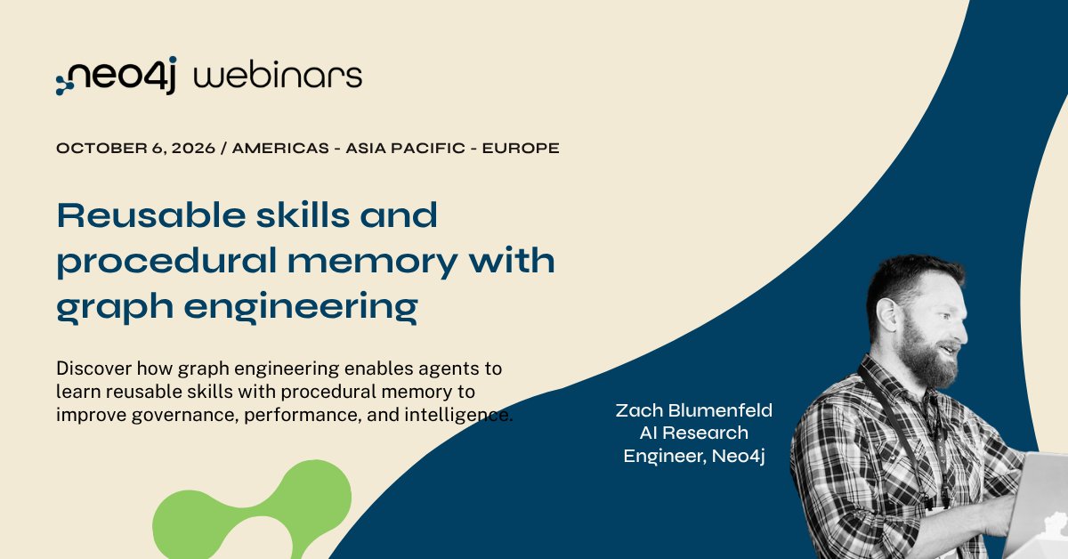 neo4j's tweet photo. New webinar alert! ⚠️
Join Zach and learn:
👌 Why #graphengineering needs a portable standard, not more orchestration
📈 How graph representations provide a more scalable, governed way to store and retrieve procedural knowledge
🧠 How procedural memory improves agent task success, consistency, and long-term intelligence
Americas: https://t.co/zYbm3CwZXc
Europe: https://t.co/kI5HQRb9mz
APAC: https://t.co/phGQsAEb9F
#AI #Neo4j