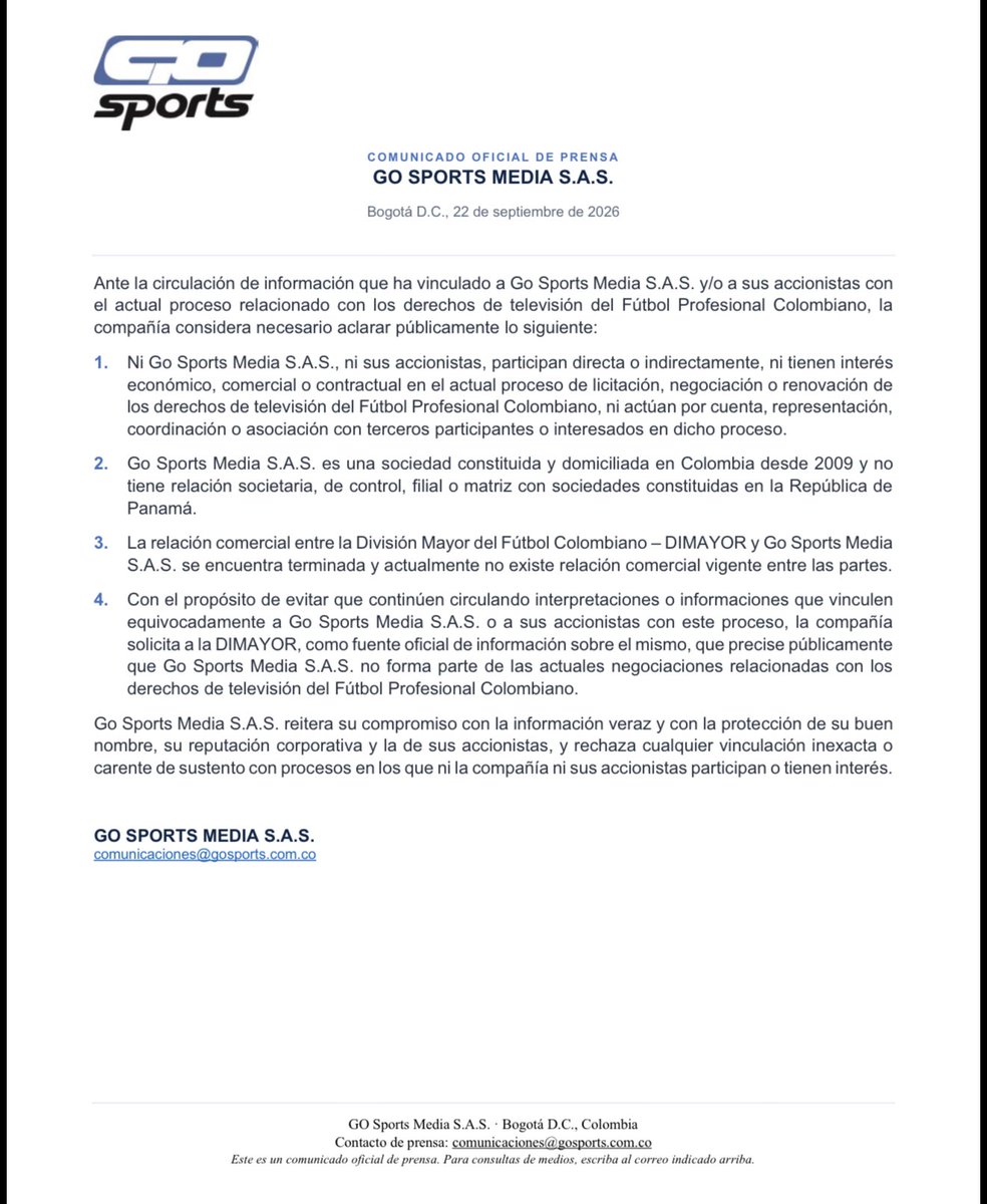 PSierraR's tweet photo. 🚨 El comunicado de Go Sports desmintiendo estar en la negociación por los derechos de TV del FPC 🇨🇴 https://t.co/QFEVVxQsS0