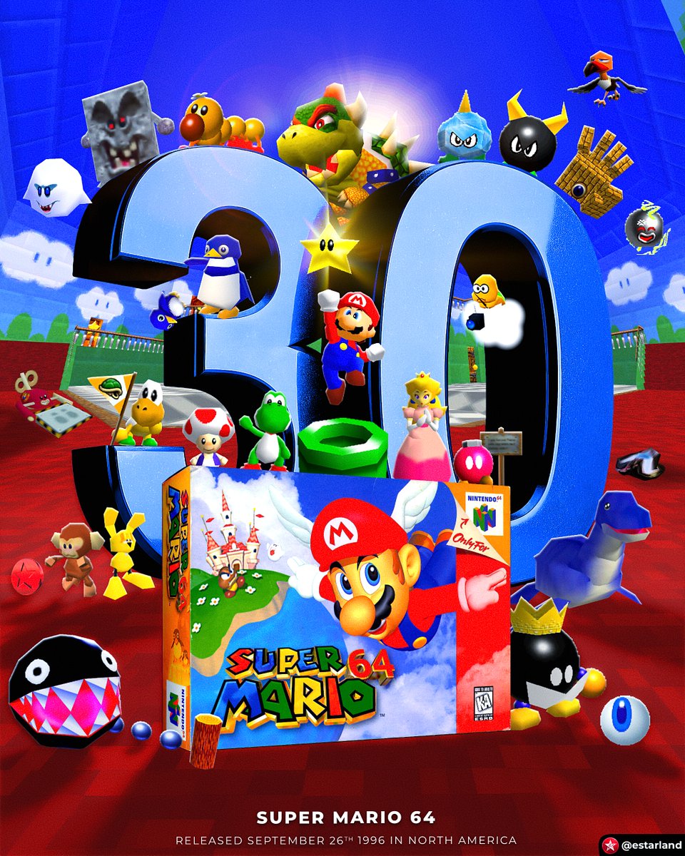 eStarland's tweet photo. Today is the 30th Anniversary of Super Mario 64! 🏰 https://t.co/2s2ByO5RQn
