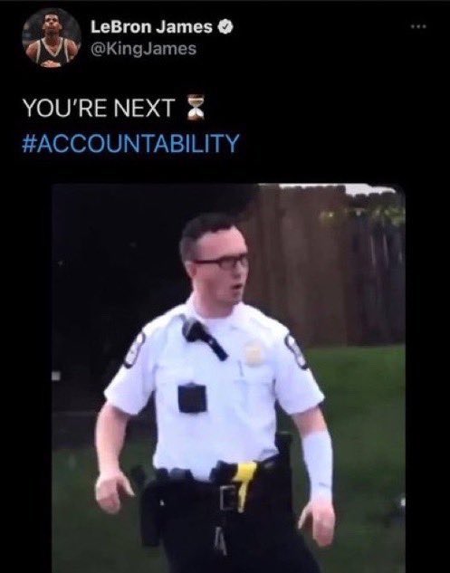 DschlopesIsBack's tweet photo. Never forget when LeBron James tried to doxx and threaten the life of a white police officer for killing a black woman before he had any facts about what actually happened.  Then the bodycam footage came out and showed that the officer heroically SAVED the other black woman’s life that was about to be stabbed to death.

After this, LeBron deleted the post in shame after MILLIONS of people had already seen it… many of them still believe it was a racially-motivated police shooting to this day.  He STILL has never apologized to the officer for doing this… just moved on like it never happened.