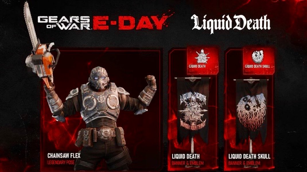 _Rawr93's tweet photo. Gears of War: E-Day x Liquid Death!

From September 22 to November 30, if you purchase Liquid Death Energy on Amazon, Target, Walmart, Instacart, or Kroger (U.S. only)

• Legendary Chainsaw Flex Pose (animated, on any character)
• Banner, emblem, and icon with Liquid Death branding

*Tomorrow, September 23, limited merch from the collaboration will also be released!