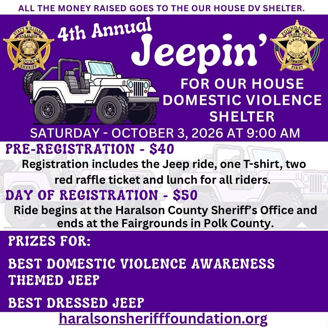 HaralsonSheriff's tweet photo. Jeepin’ for Our House Domestic Violence Shelter is just a little over a week away! Make sure you register by next Monday at 9am to be guaranteed a t-shirt.
#JeepinForOurHouse
#EndDV
#DVAwareness
#DontMissIt
#HSF
#HCSO https://t.co/PhWC3DdjnM