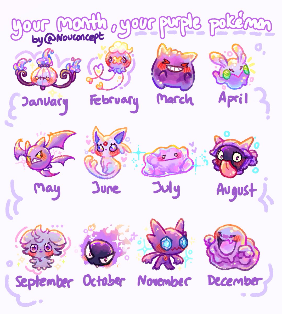 nouconcept's tweet photo. your birthday month, your purple pókemon! 💜✨ which one did you get? https://t.co/vRaj8UuD84