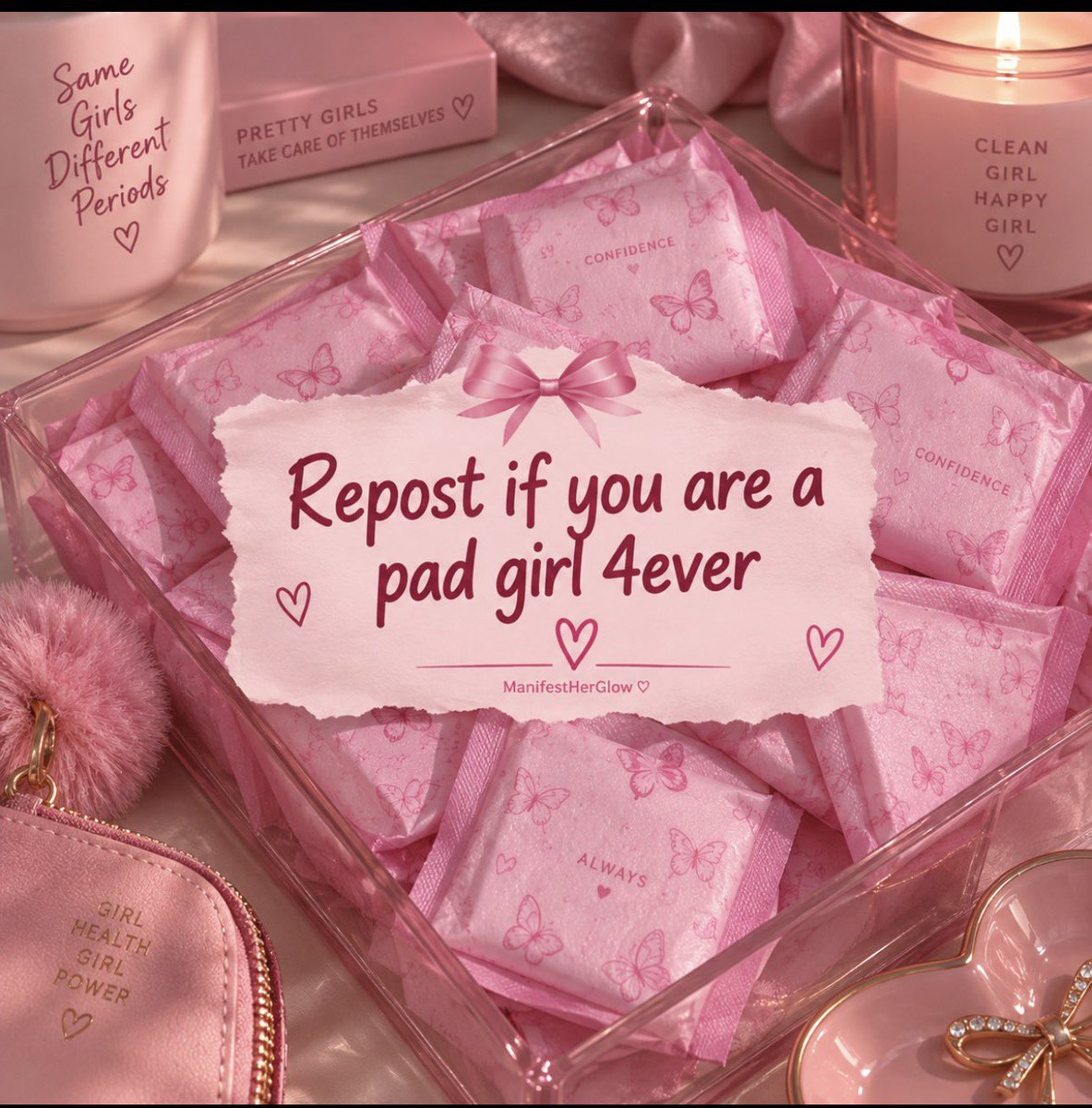 ManifestHerGlow's tweet photo. Repost if you’re a pad girl 4ever 🎀🩷😭

No shame, just girlhood things 😂💕 https://t.co/bj9UaK0mk5