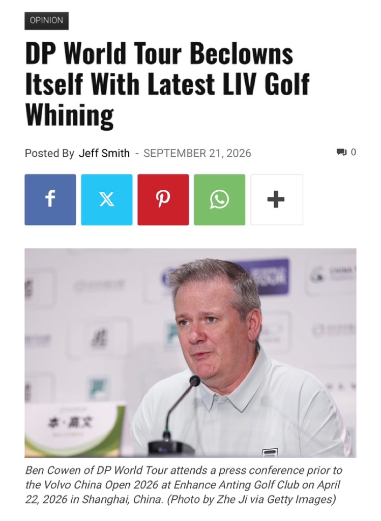 JeffSmithGolf's tweet photo. DP World Tour whining that LIV Golf competed for players, sponsors, broadcasters and venues is genuinely hilarious.

So… a competitor competed.👀

When “competition” is the grievance, the monopoly jokes write themselves. 🎩😂 https://t.co/PfqvHfXTVy
