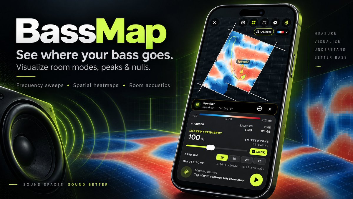 rotorB's tweet photo. I wanted to know where sound waves cancel in my room, and how that changes spatially across different frequencies.

So I built BassMap.

#Subwoofer #RoomModes #RoomAcoustics #HomeTheater #HiFi https://t.co/TvPCttVvuz