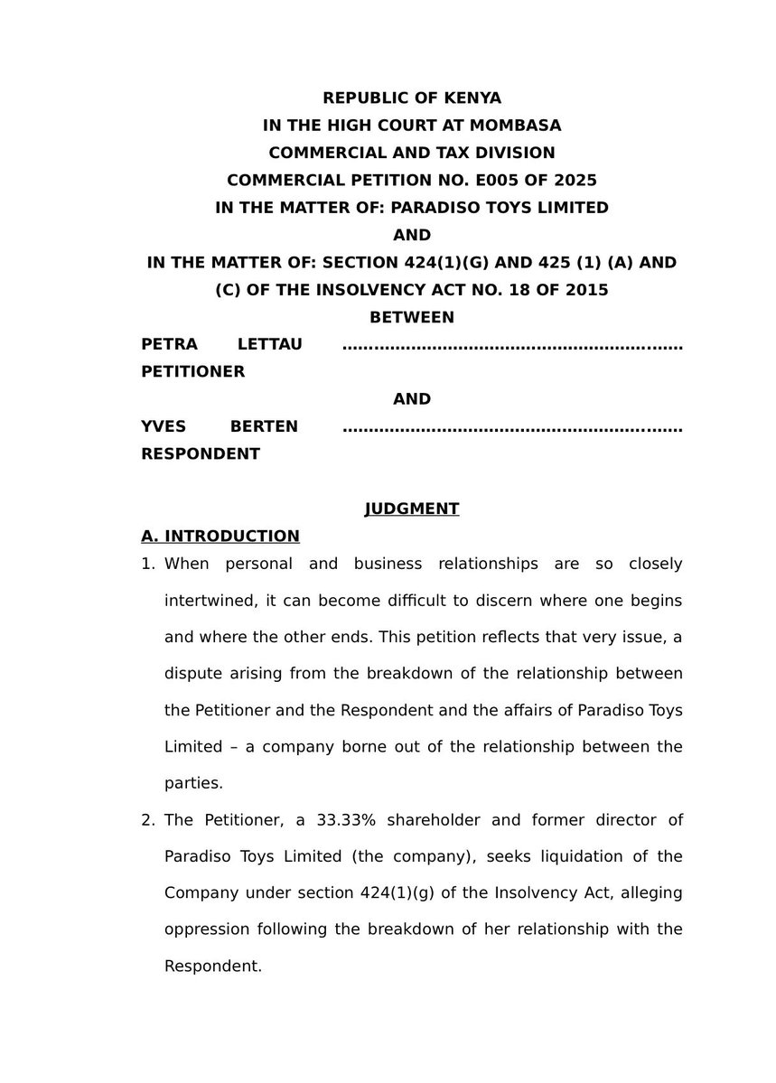 Lexken_EMSLaw's tweet photo. 🚨 Court orders a buy-out, not a shut-down, in a bitter fallout between two business partners whose company outlived their relationship. When their friendship collapsed, one wanted the whole company liquidated. The court found a better answer, and it protects shareholders trapped in a broken partnership.

The case involved two shareholders, Mr Berten and Ms Lettau, whose closely-held company was built on their personal relationship. When that relationship broke down, Ms Lettau was excluded from annual general meetings and denied access to company records, though she kept her shareholding. She rejected a €100,000 offer for her shares, proposed an independent valuation, and, when that failed, petitioned to liquidate the company. The court declined to wind it up, and ordered a buy-out instead.

Two principles sit at the centre. First, the difference between oppression and unfair prejudice. Under the Companies Act, a shareholder can seek relief where a company's affairs are conducted oppressively, or in a manner unfairly prejudicial to their interests. The court held the conduct did not quite meet the high bar of oppression, burdensome, harsh and wrongful, but that the company's evolution after the breakdown had become unfairly prejudicial to Ms Lettau as a member. That lower threshold was enough. You need not prove full oppression; serious unfair prejudice suffices.

Second, liquidation is a last resort. As in the RAK Limited case, a court will not wind up a solvent, functioning company merely because its owners have fallen out. Where the business remains a going concern, the fair remedy is to let one shareholder exit at a fair price. The court ordered an independent valuation by certified public accountants within 30 days, failing which ICPAK would nominate the valuer, and a buy-out on that basis.

A shareholder locked out of a company they part-own cannot be left trapped with no exit, yet liquidation would punish everyone and destroy a viable business. The buy-out reconciles both. The court also rejected the argument that this was merely a romantic breakup rather than a corporate wrong, what matters is the effect on the shareholder's rights, not the origin of the discord. This tracks settled authority, in Warari v Suntap Kenya, the High Court likewise refused liquidation and ordered a valuation and buy-out.

Exclusion from management and denial of information are real, actionable wrongs, and a court-ordered buy-out is often better than liquidation. And for anyone going into business with friends or partners, agree a clear shareholders' agreement and exit mechanism upfront, before the relationship sours.

👉 Follow @Lexken_EMSLaw for practical legal insights on company law, shareholder disputes and corporate governance.