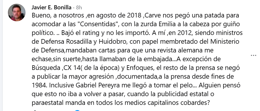 Gonzalo_Daniel3's tweet photo. Testimonio de Javier Bonilla de como lo echó Radio Carve por no ser del frente amplio https://t.co/bleXn9cNZU