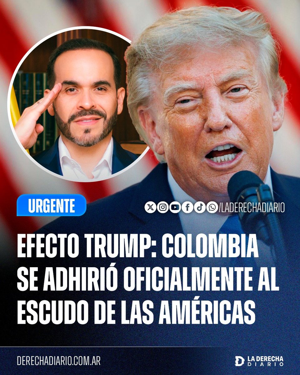 laderechadiario's tweet photo. 🚨🇨🇴🇺🇸 | URGENTE — EFECTO TRUMP: COLOMBIA SE ADHIRIÓ OFICIALMENTE AL ESCUDO DE LAS AMÉRICAS

A pesar de no asistir personalmente al encuentro para cumplir su promesa de gobernar durante todo su mandato desde Colombia, Abelardo de la Espriella confirmó la adhesión formal del país al Escudo de las Américas impulsado por Donald Trump para combatir al crimen organizado en todo el continente.