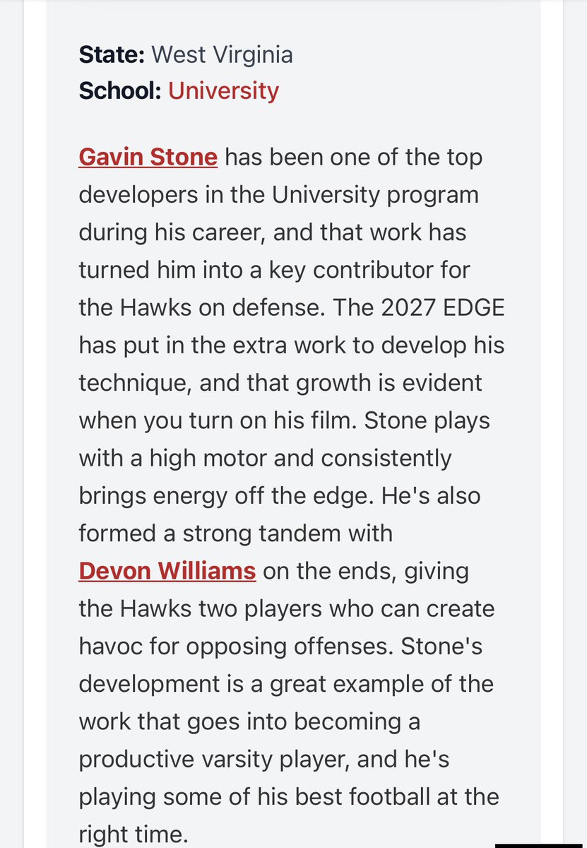 GavinStone8108's tweet photo. Thank you @PrepRedzoneWV for the write up
@uhshawksfb @CoachSnyderUHS @Coach_Lawless @LoganRaber8 @CoachDStills https://t.co/OuOjj8oqsc