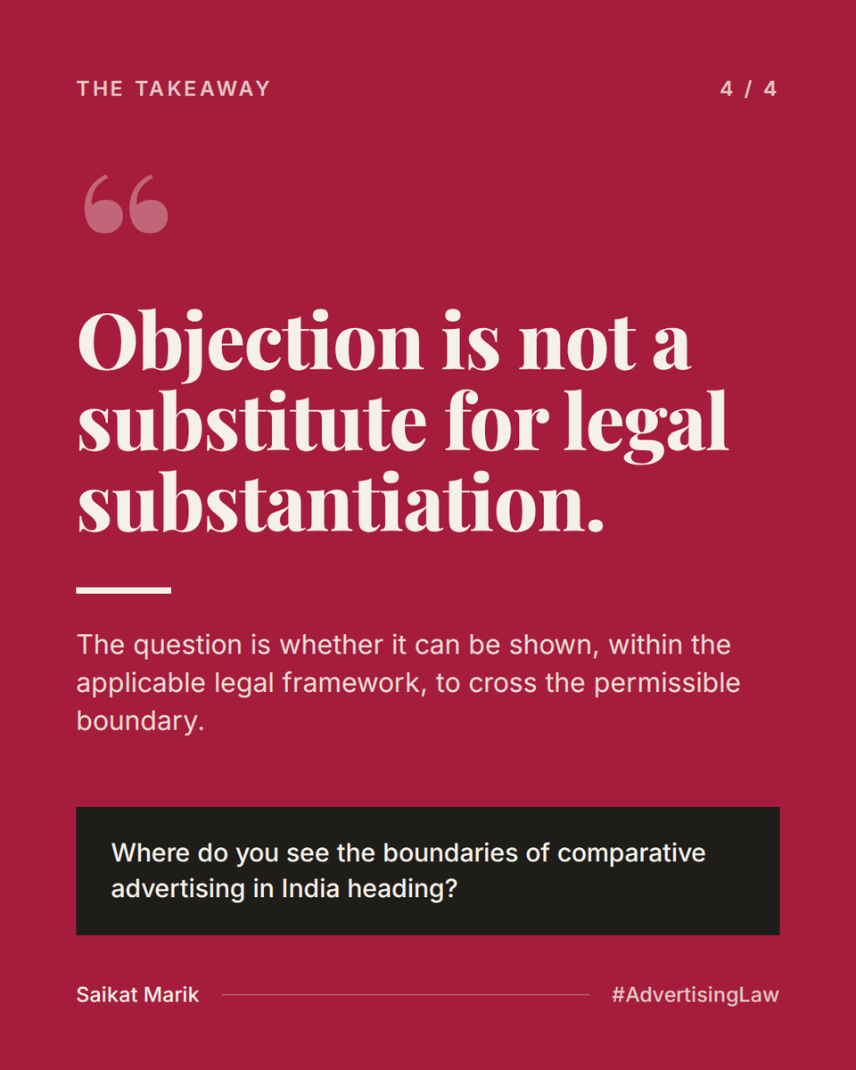 powerbanky's tweet photo. Delhi HC’s Beco-HUL order highlights a key principle in comparative advertising: objection alone is not enough. The legal question is whether an ad crosses the permissible boundary under the applicable framework.

#ComparativeAdvertising #AdvertisingLaw #IndianAdvertising https://t.co/ccHYGaKKj8