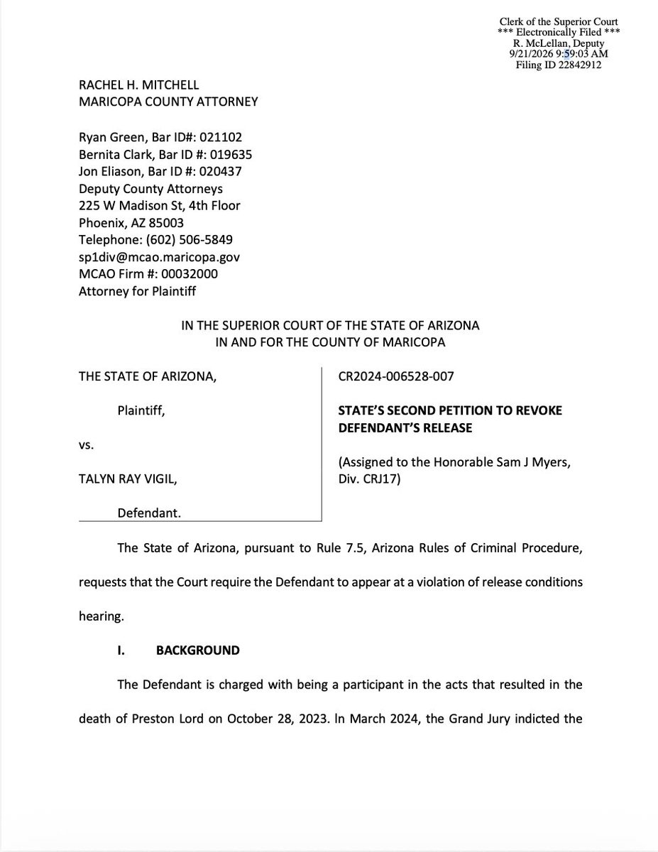 ashleyvholden's tweet photo. BREAKING: The Maricopa County Attorney's Office has filed to have Talyn Vigil's release revoked. He is one of the six remaining defendants accused in the Preston Lord murder case. This filings comes after he was arrested for a third time while out of custody awaiting trial. 

"At this point, complete revocation of release conditions is appropriate, and the Defendant should remain in jail until trial," says the filing. 

MCAO says they are joining the recommendation made by the Pretrial Services Division, who oversees Vigil's release. 

We are working on an update, check back soon.