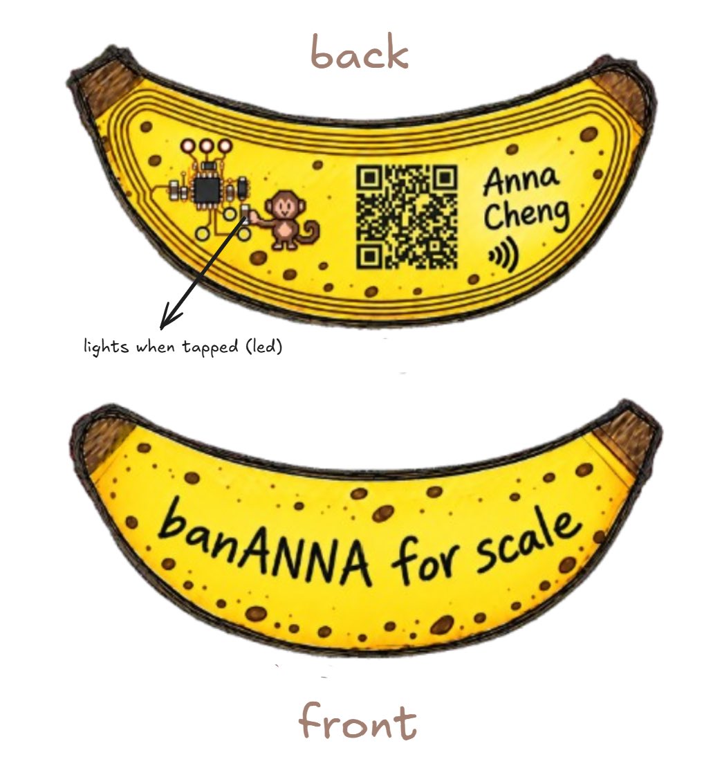 theannacheng's tweet photo. after 10 weeks on helping build a rocket @relativityspace, i'm now designing a banana

backstory:
i really wanted Relativity's "banana for scale" shirt but it was unavailable

so i'd figured i'd make my own version:

introducing what might be the world's first banana-shaped PCB business card

the design:
•tap with your phone -> personal website/ info/linkedin
•banANNA for scale
•monkey (silkscreen) holding the LED (looks like it's holding a glowing banana when it lights up)

form ≠ function

in theory, a business card doesn't need to be a rectangle. Its job is to leave a lasting impression

so i'm making mine a banana :)