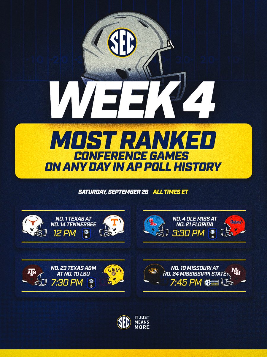 SEC's tweet photo. Get your popcorn ready. 🍿

No other conference has ever had a weekend slate like this. 😤

#SECFB x #ItJustMeansMore