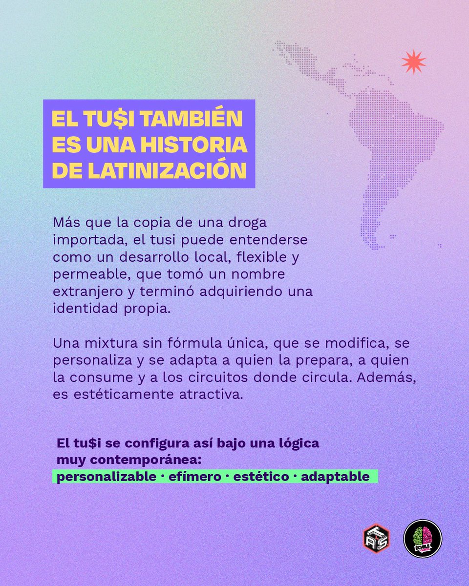 echelecabeza's tweet photo. #SemanadelTusi ¿Qué hace deseable una experiencia liminal, incluso cuando implica habitar la incertidumbre?

Artículo completo aquí. https://t.co/DNt7Gkl0MM

El tusi es una mixtura sin fórmula fija -eso ya lo sabemos-, su identidad parece expresar contenidos de nuestra época, dado a su condición personalizable, estética, permeable y rápidamente cambiante. Pero esta investigación quiso ir más allá de preguntarse sobre su composición para explorar qué encuentran las personas en la experiencia de consumirlo. 

#ÉcheleCabeza #ReducciónDeDaños #AnálisisDeSustancias #Fenomenología Drogas ReducciónDeRiesgos InvestigaciónSocial @ivancancinopersonal @Rodrigo_Lara_ @AnaVesga_G @MarcelaBrunV
