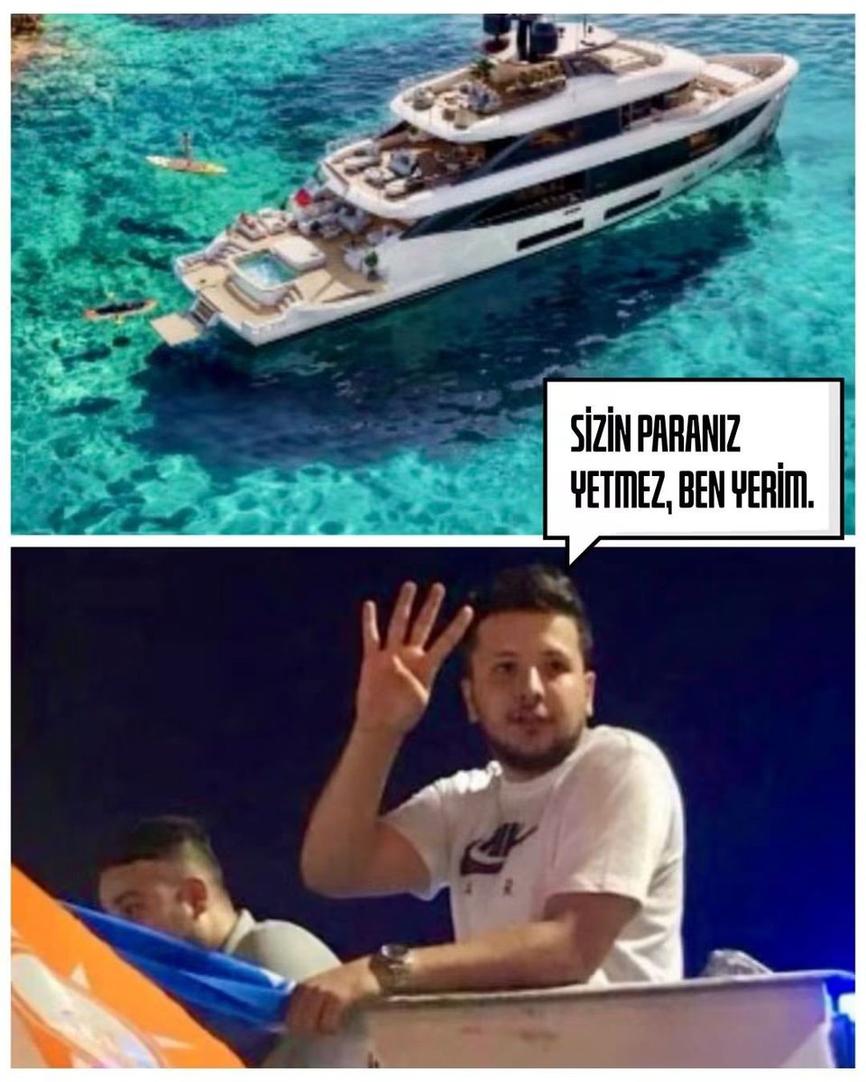 Saka_larr's tweet photo. Bu kişi Muhammed Yarız, yaşı 28; AKP gençlik kollarından. Bu yaşında Pusula Holding'in Yön. Kur. Başkanlığı'na getirilmiş.
Bu yatın markası Benetti Oasis, İtalyan. En lüks yat olarak biliniyor. Yılda 5 adet üretiliyor. Fiyatı 19 milyon euro. Rabia işaretiyle poz veren 28 yaşındaki yönetimi kurulu başkanı 26 Mayıs 2026'da bu tekneyi satın almış. Tekne şu anda Marshall Adaları'nda!
Bir de 30 milyon TL'lik sürat teknesi var Bodrum'da!
Ama masum insanlar hırsız diye 2 yıldır hapis bu ülkede!

(Gülünün Solduğu AKŞAM'dan alındı)