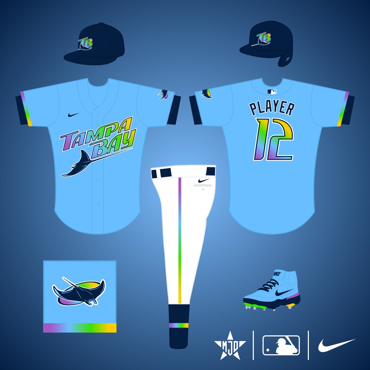 MJD7Design's tweet photo. Here's what the @RaysBaseball gradient could look like as part of a full updated uniform set: https://t.co/RKc2fcwcIS